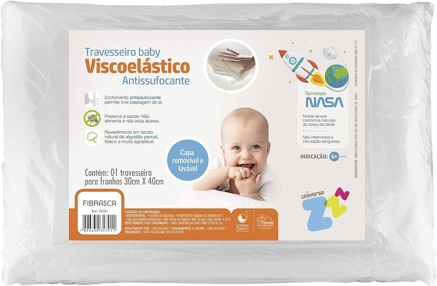 Enchimento em viscoelástico Nasa
Enchimento anti sufocante
Capa em Percal 65% algodão e 35% poliéster
Fabricado pela marca Fibrasca