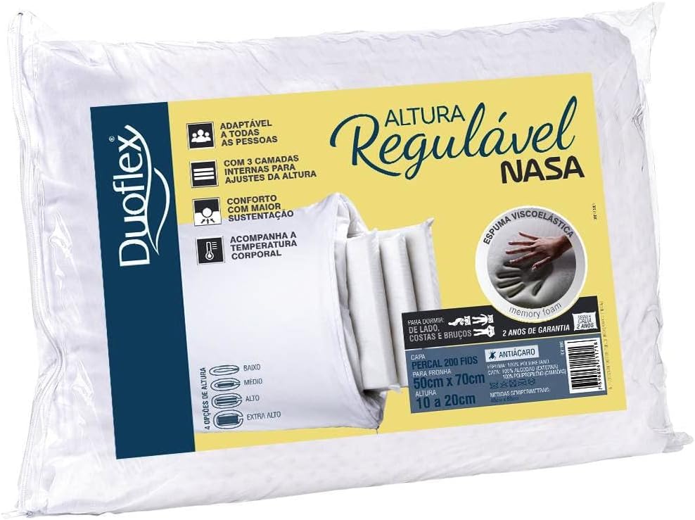 Espuma viscoelástica nasa
Formato tradicional e regulável
Capa percal 200fios, 100% algodão, com zíper
Para fronha 50cmx70cm
Altura 10 a 20 cm