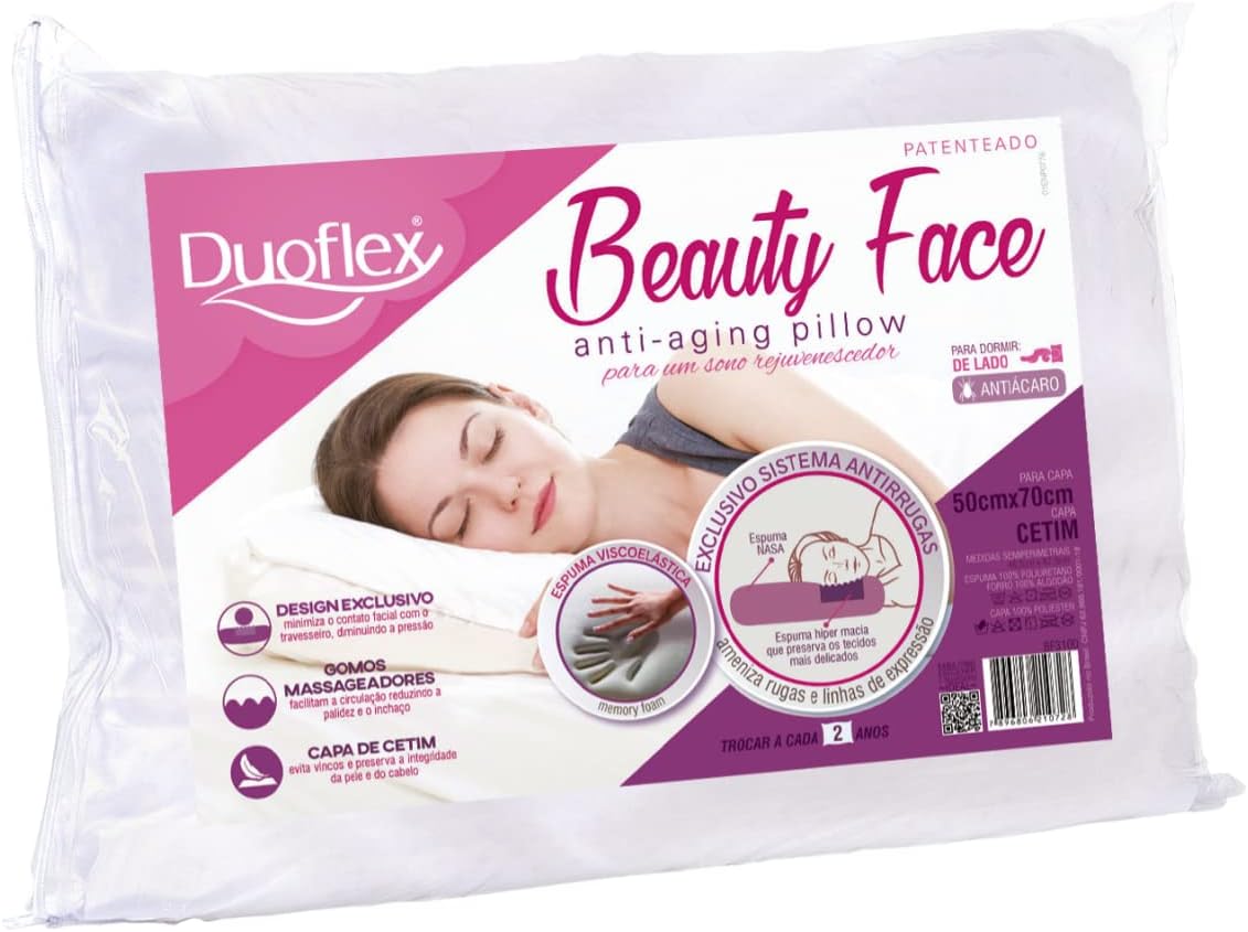 Travesseiro Beauty Face produzido em espuma viscoelástica NASA, que reduz drasticamente a pressão sob a área central do rosto, reduzindo a formação de rugas, a camada de espuma hiper macia com gomos massageadores aumenta a irculação sanguínea e preserva os tecidos mais delicados.