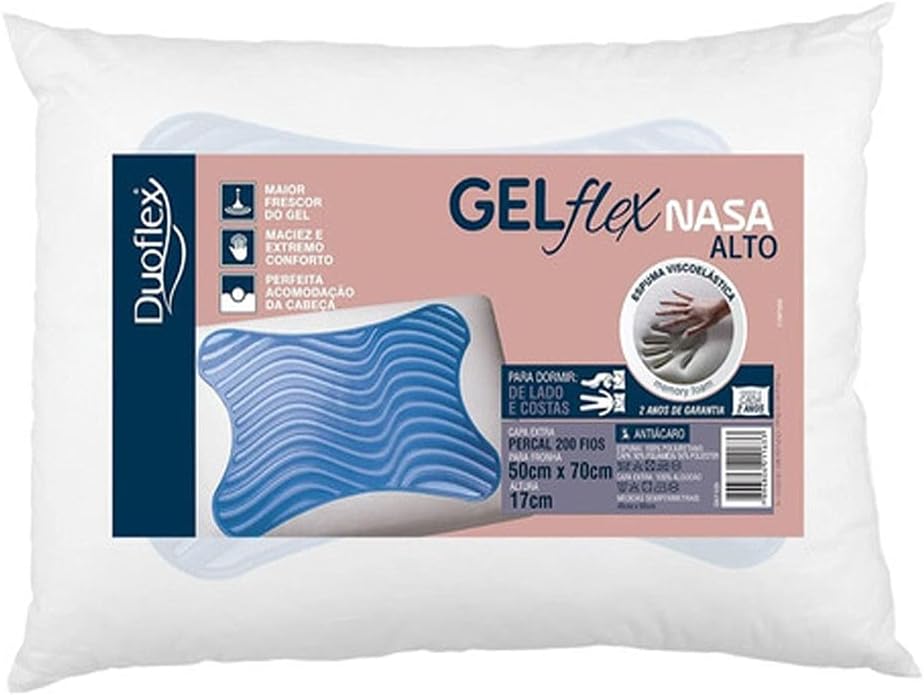 Travesseiro Gelflex Nasa Alto produzido em espuma viscoelástica Nasa, com manta de gel. Proporciona maciez e perfeita acomodação da cabeça com maior frescor. Com antiácaros, fungos e bactérias.