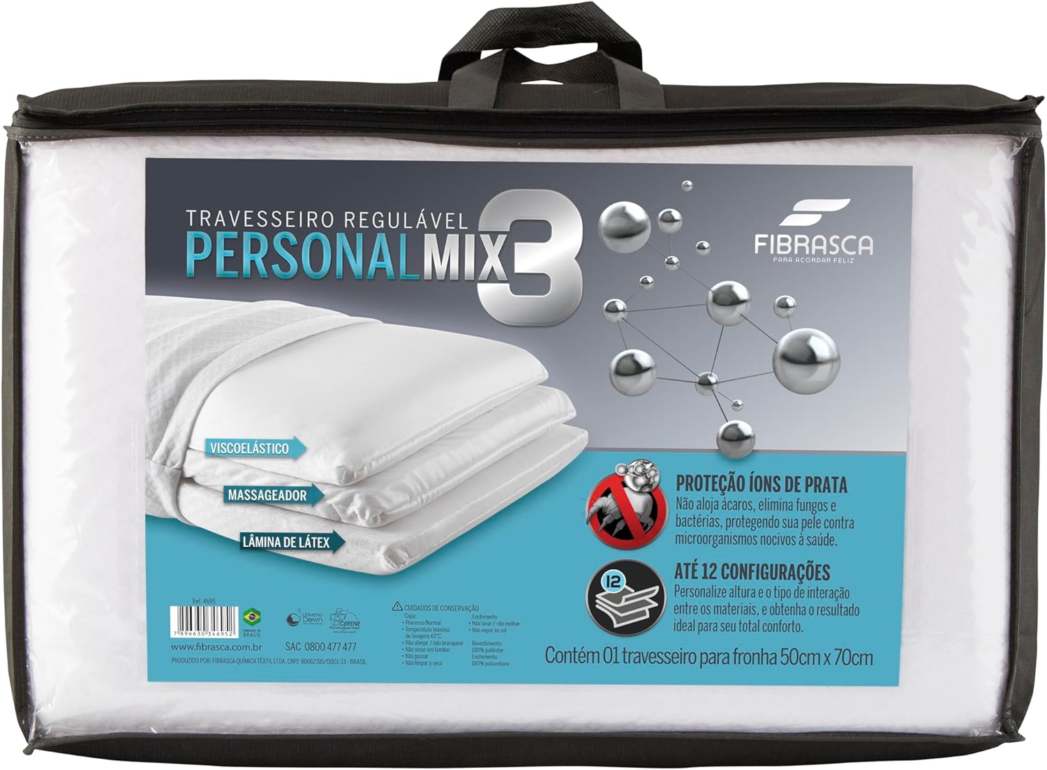 Conforto, praticidade e tecnologia são características do travesseiro Personal Mix 3. Com controle de altura, ele se adapta perfeitamente ao seu modo de deitar. Com três camadas ajustáveis, oferece três tipos de conforto: viscoelástico, látex e espuma perfilada com gomos massageadores. O revestimento é tratado com Nanotecnologia de íons de prata, eliminando ácaros e bactérias, protegendo sua saúde. Conforto e saúde com tecnologia é Fibrasca.